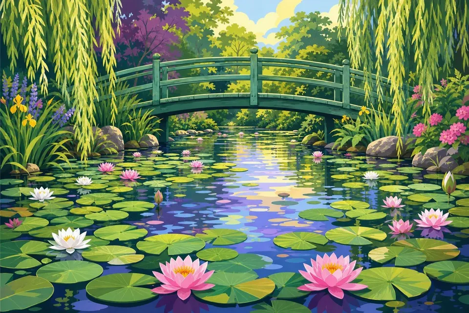 Estanque con nenúfares rosas y blancos bajo un puente verde de madera en arco