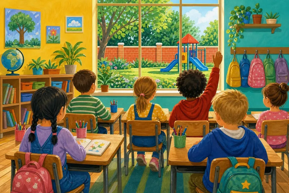 Aula luminosa con niños en pupitres de madera, mochilas de colores y ventana al patio