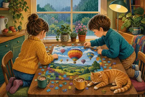 Dos niños montando un rompecabezas de globos en una mesa junto a una ventana con lluvia