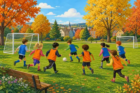 Niños con petos naranjas y azules corriendo tras un balón en un campo de césped