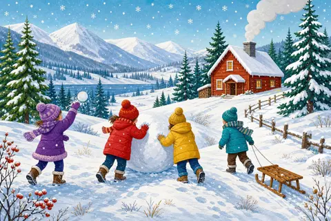 Cuatro niños con abrigos de colores juegan con un trineo y una bola de nieve