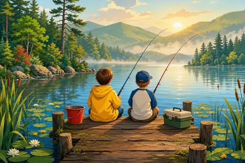 Dos niños de espaldas pescando en un muelle de madera sobre un lago con niebla
