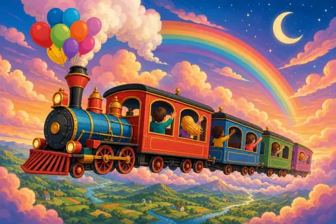 Tren de colores volando entre nubes rosas con niños en las ventanillas y globos
