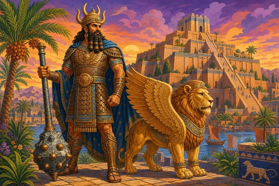 Guerrero mesopotámico con maza junto a un león alado y un zigurat al atardecer