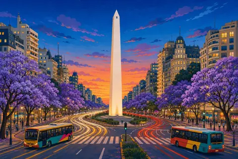 Obelisco de Buenos Aires al anochecer con jacarandás violetas y luces de tráfico
