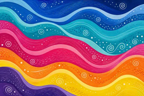 Pintura abstracta de bandas onduladas en azul, turquesa, magenta, naranja y amarillo con espirales blancas