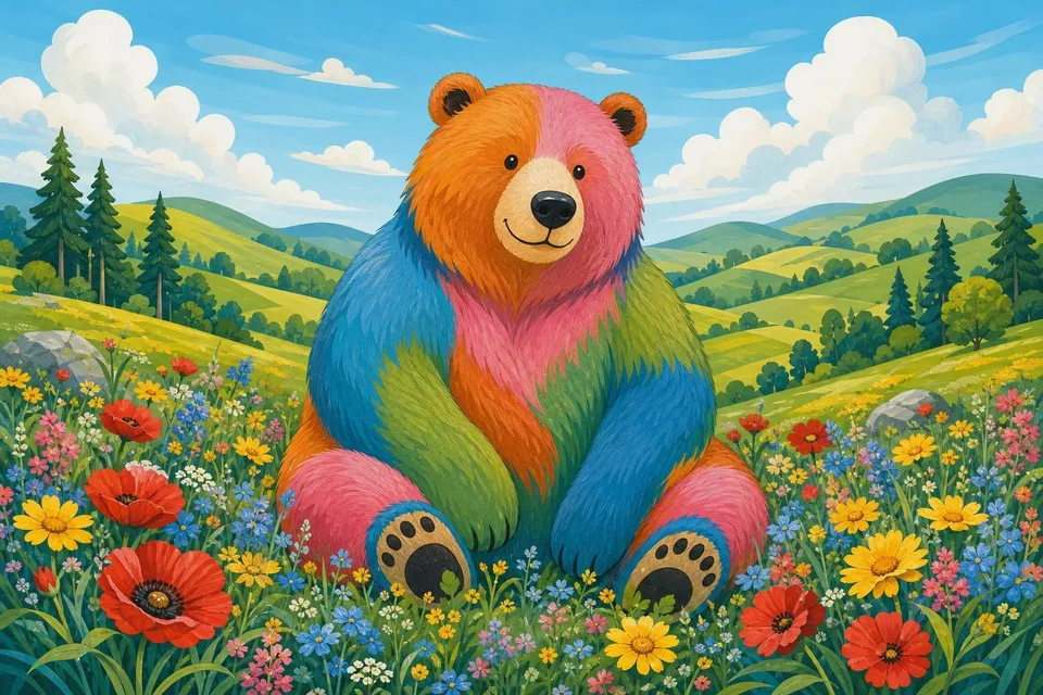 Oso sentado en un prado con pelaje a parches de colores entre flores
