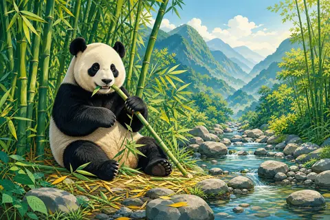 Oso panda sentado entre bambú mordiendo un tallo junto a un arroyo