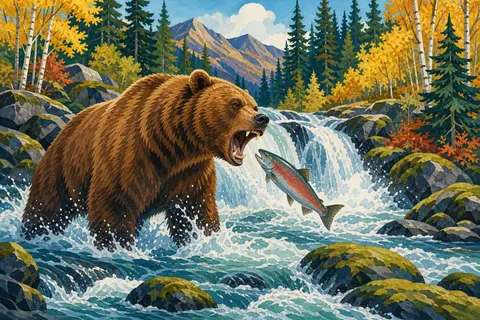 Oso pardo de pie en un río junto a una cascada con un salmón saltando
