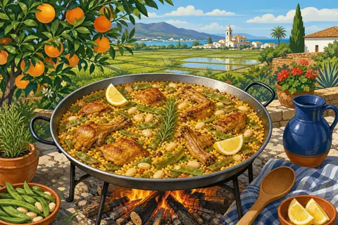 Paella valenciana en una paellera sobre fuego de leña, con naranjos al fondo