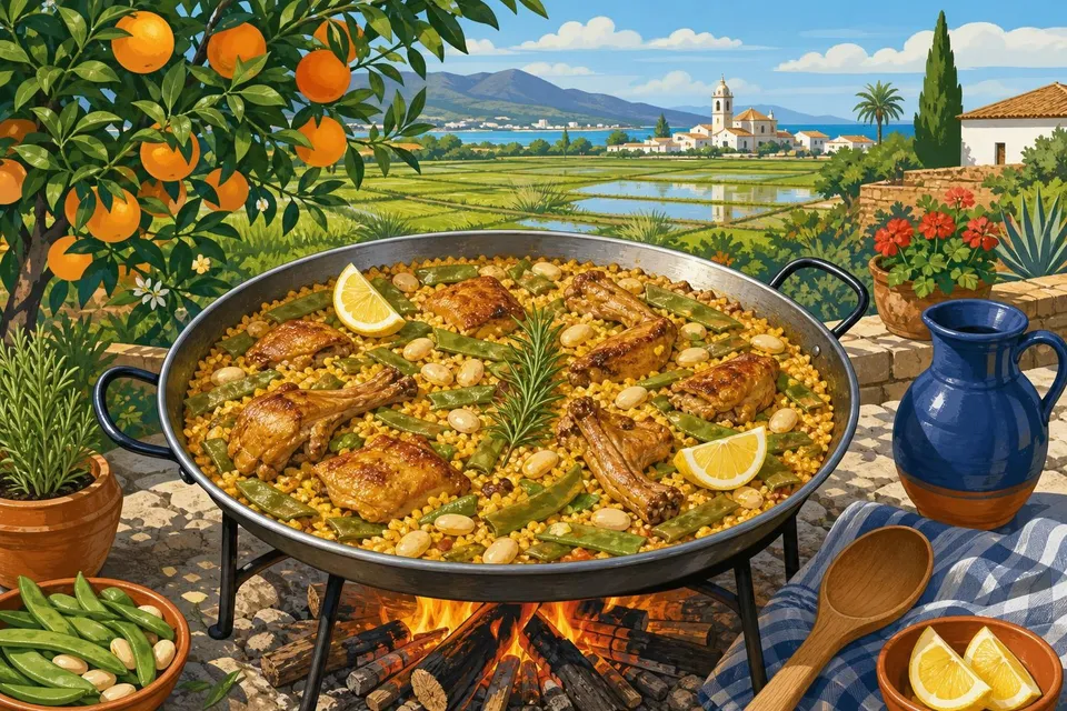 Paella valenciana en una paellera sobre fuego de leña, con naranjos al fondo