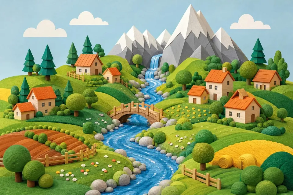 Maqueta de paisaje con colinas de fieltro verde, casitas naranjas, río azul y puente