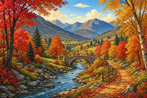Valle de otoño con árboles rojos y dorados, un arroyo y un puente de piedra