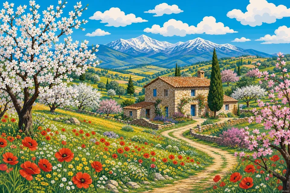Campo de primavera con almendros en flor, amapolas rojas y una casa de piedra