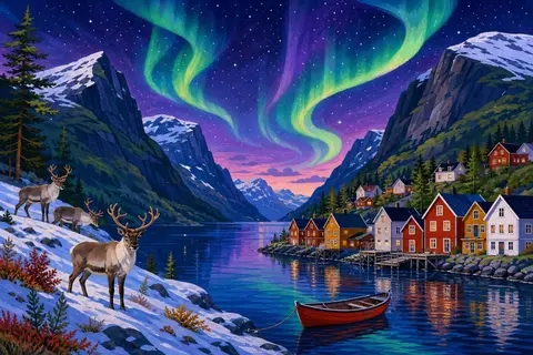 Fiordo con casas de madera de colores, renos en la nieve y aurora boreal verde