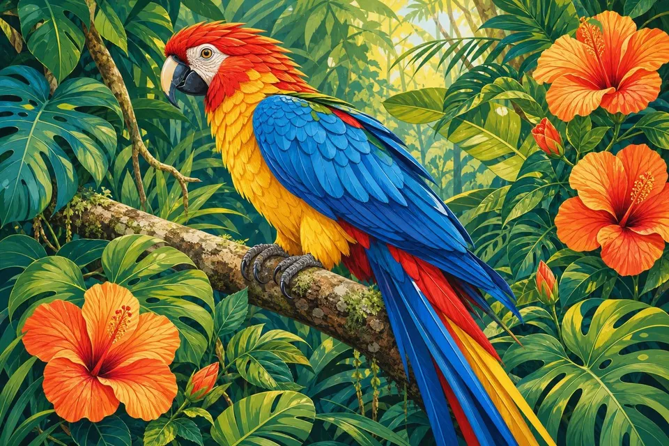 Pájaro tropical de alas azules y pecho amarillo posado en una rama con flores naranjas