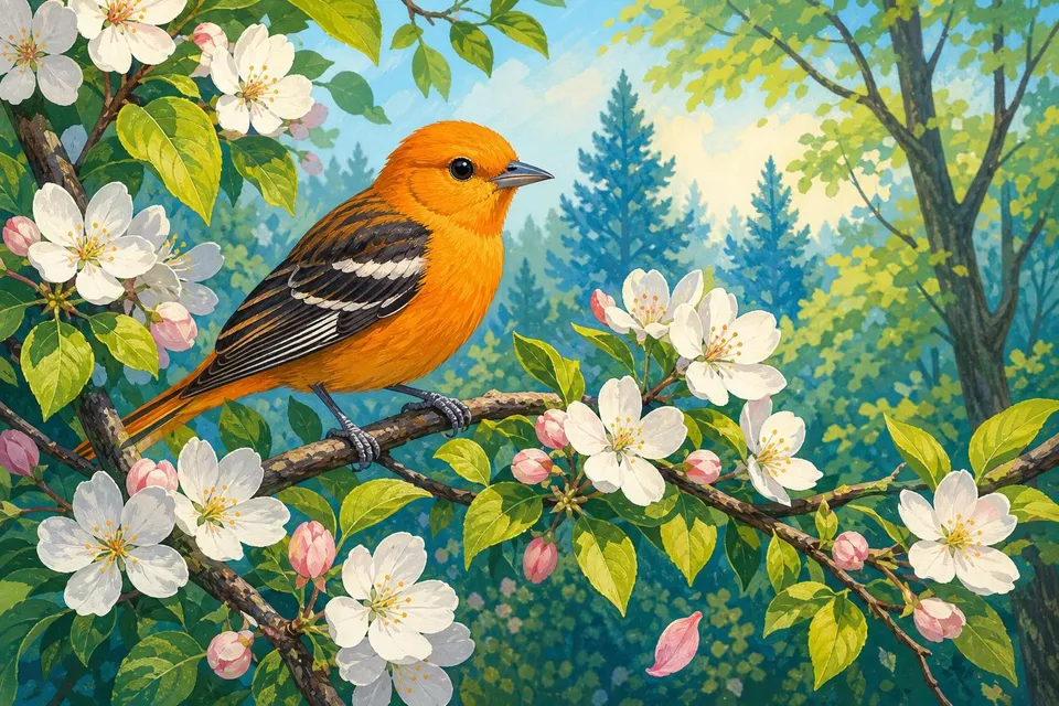 Pájaro de plumaje naranja sobre una rama con flores blancas y hojas verdes