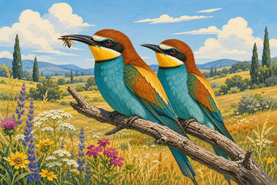 Dos abejarucos de colores vivos posados en una rama, uno con una abeja en el pico