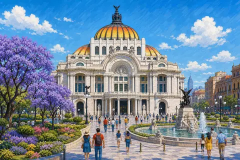 Palacio de Bellas Artes de mármol blanco con su cúpula naranja y dorada