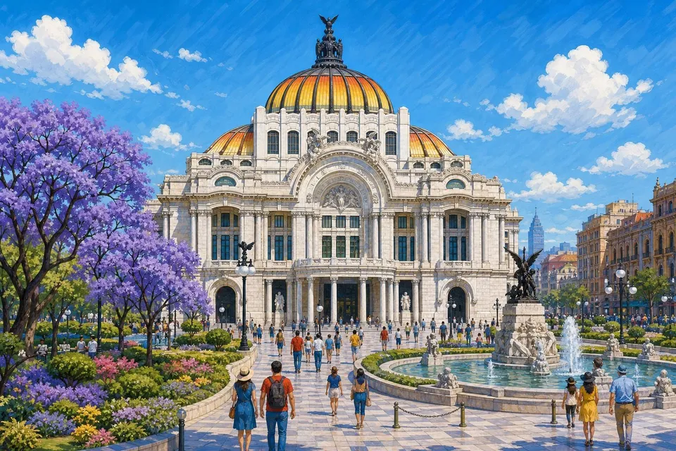 Palacio de Bellas Artes de mármol blanco con su cúpula naranja y dorada