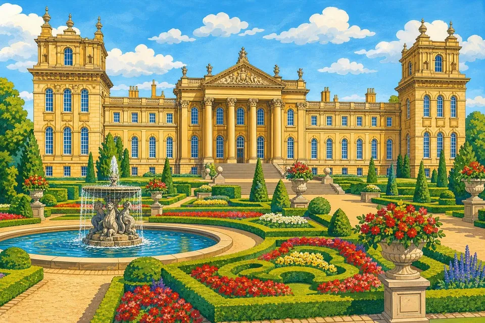 Palacio de piedra clara con torres y jardines formales con fuente y setos recortados