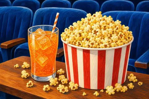 Cubo a rayas rojas y blancas con palomitas doradas junto a un refresco naranja
