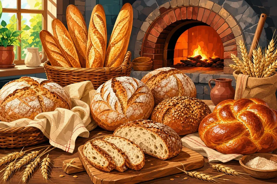 Hogazas, barras en una cesta y una trenza de pan sobre el mostrador de una panadería