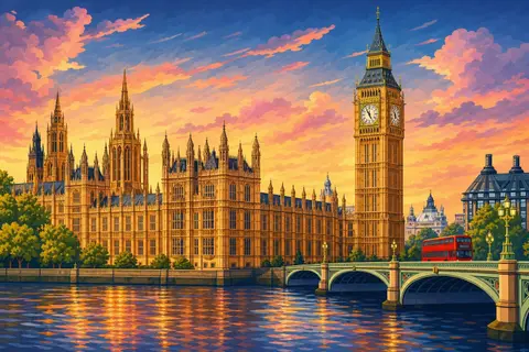 Edificio del Parlamento de Londres con su torre del reloj junto al Támesis al atardecer