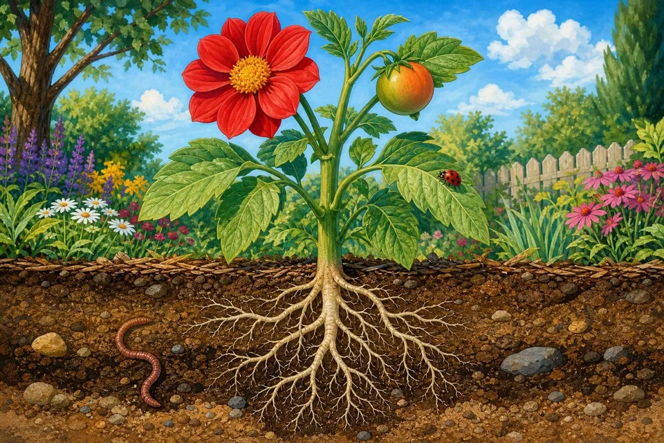 Planta en un corte de tierra con raíces, tallo, hojas, una flor roja y un fruto