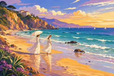 Dos mujeres de blanco con sombrilla paseando por la orilla de una playa soleada
