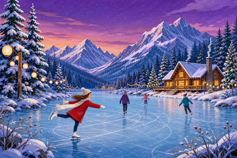 Patinadora con abrigo rojo deslizándose sobre un lago helado rodeado de abetos nevados