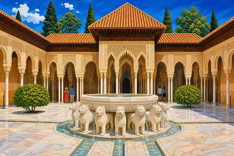 Fuente de los doce leones de mármol blanco en el patio de columnas de la Alhambra