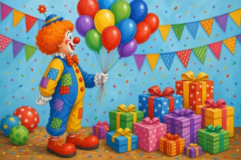 Payaso de perfil con peluca naranja, un racimo de globos de colores y regalos