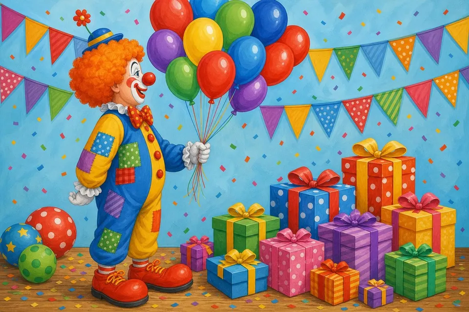 Payaso de perfil con peluca naranja, un racimo de globos de colores y regalos