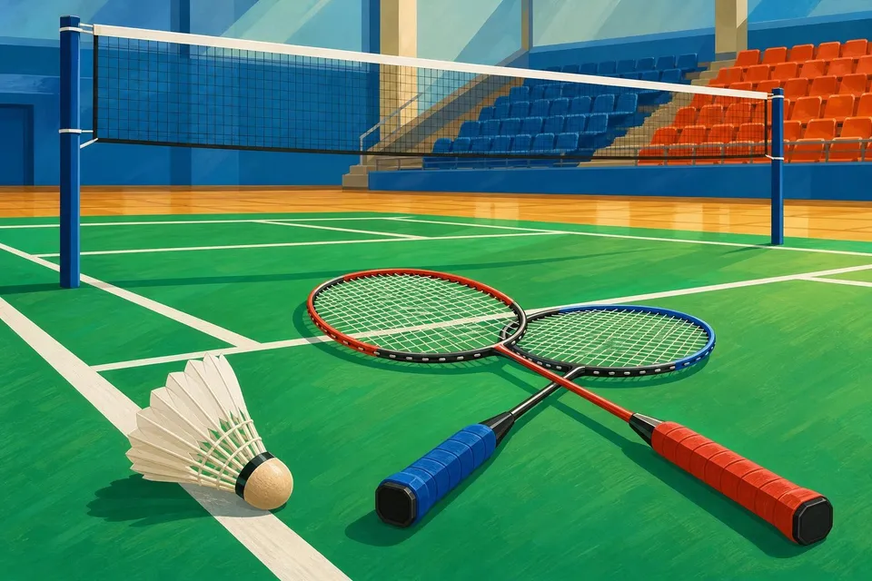 Volante de plumas blancas sobre una pista verde de bádminton junto a dos raquetas