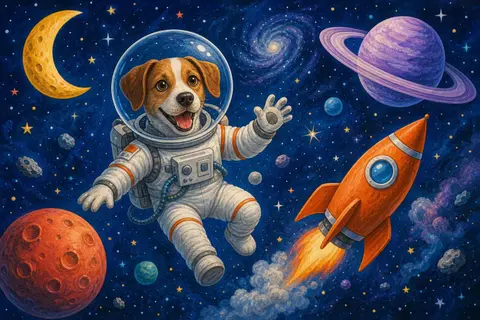 Perro con casco espacial flotando junto a un cohete naranja, un planeta con anillos y una luna amarilla