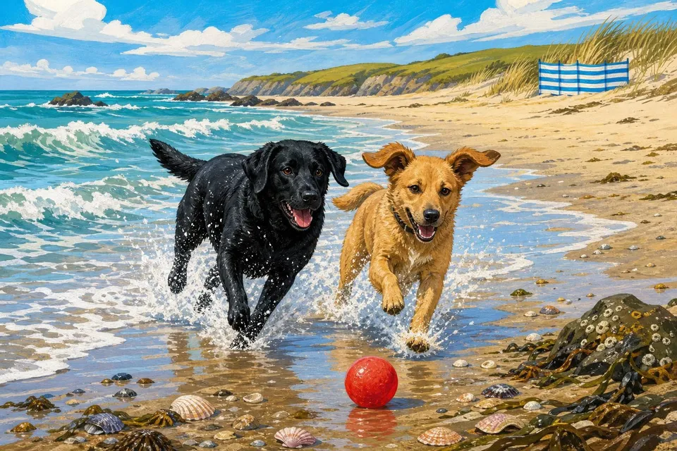 Un labrador negro y un perro canela corriendo por la orilla tras una pelota roja