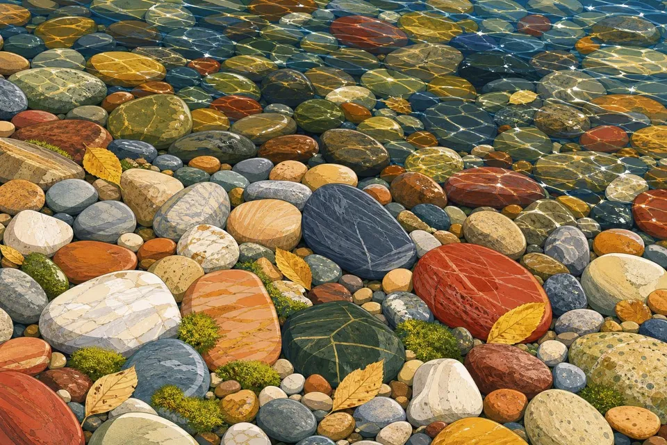 Cantos rodados de colores en la orilla de un río, secos y bajo el agua