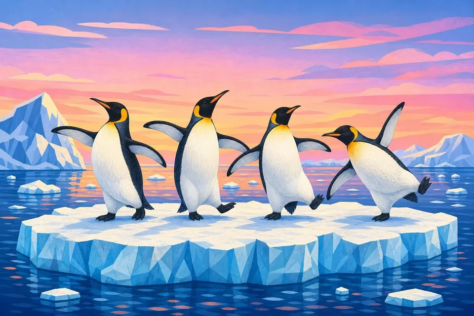 Cuatro pingüinos con las aletas abiertas sobre un banco de hielo bajo un cielo rosado