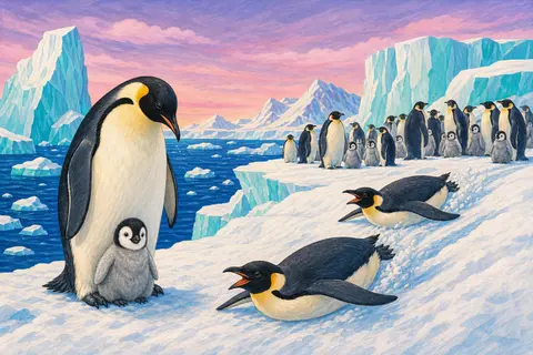 Pingüinos emperador de dibujos sobre el hielo con una cría gris y dos deslizándose