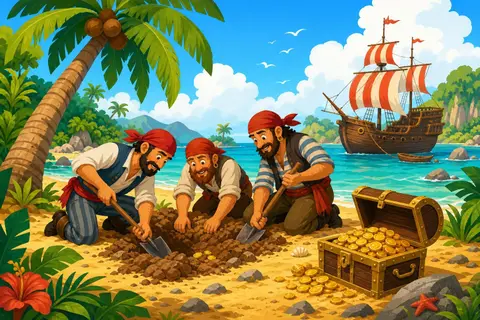 Tres piratas cavando junto a una palmera con un cofre abierto y un barco de velas rayadas al fondo