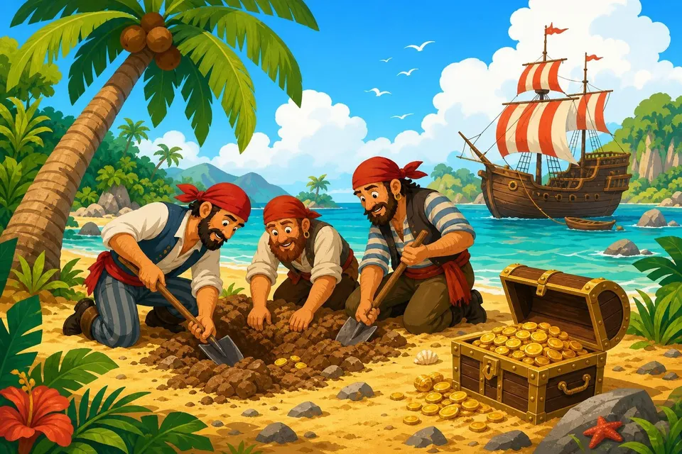 Tres piratas cavando junto a una palmera con un cofre abierto y un barco de velas rayadas al fondo