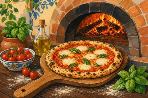 Pizza margarita sobre una pala de madera delante de un horno de leña encendido