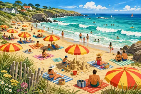 Playa soleada con sombrillas de rayas, toallas de colores, castillo de arena y olas