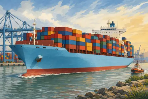 Buque portacontenedores con pilas de contenedores de colores llegando a un puerto con grúas