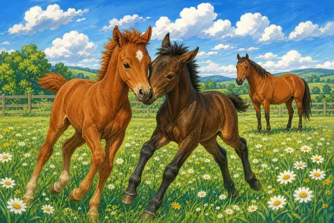 Dos potros jugando y corriendo en un campo verde con margaritas y la yegua al fondo