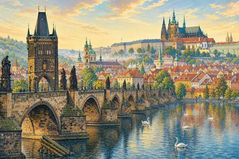 Puente de Carlos sobre el río Moldava con estatuas y el castillo de Praga al fondo