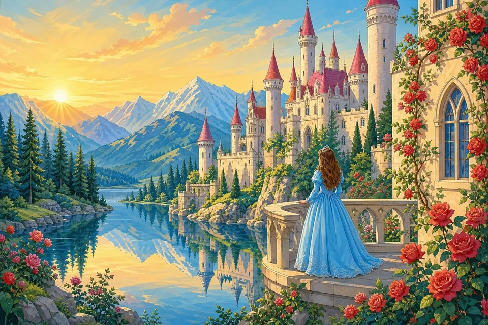 Princesa de espaldas en el balcón de un castillo con torres rosas sobre un lago