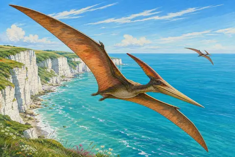 Pteranodon con las alas abiertas volando sobre un mar turquesa y acantilados blancos