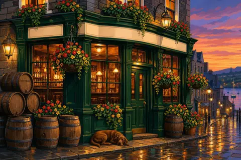 Fachada verde de un pub irlandés con faroles, flores colgantes y adoquines mojados al anochecer